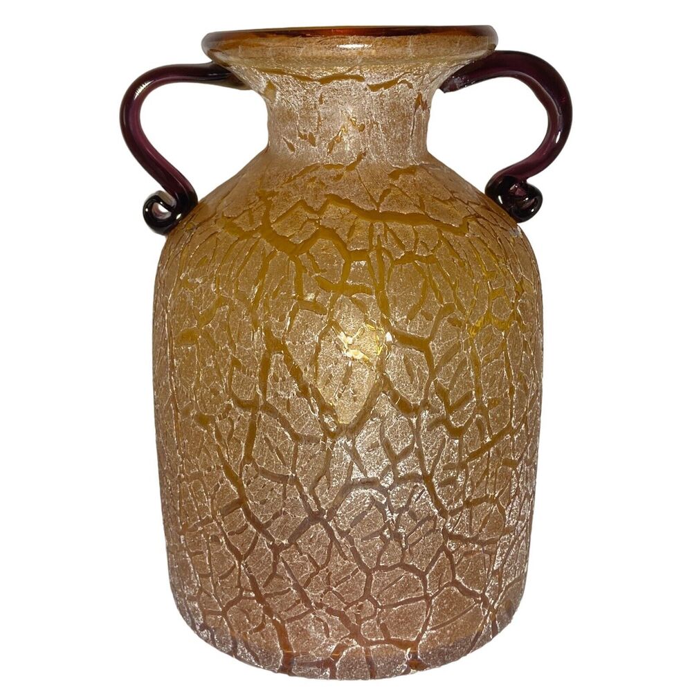 Vintage Hand Blown Art Glass Handled Vase Frosted Crackle Textured Brown Rare